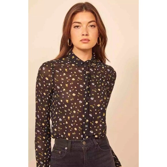 Reformation Black Floral Sheer Lansky Violet Button Up Shirt Size Large Feminine - Picture 2 of 9